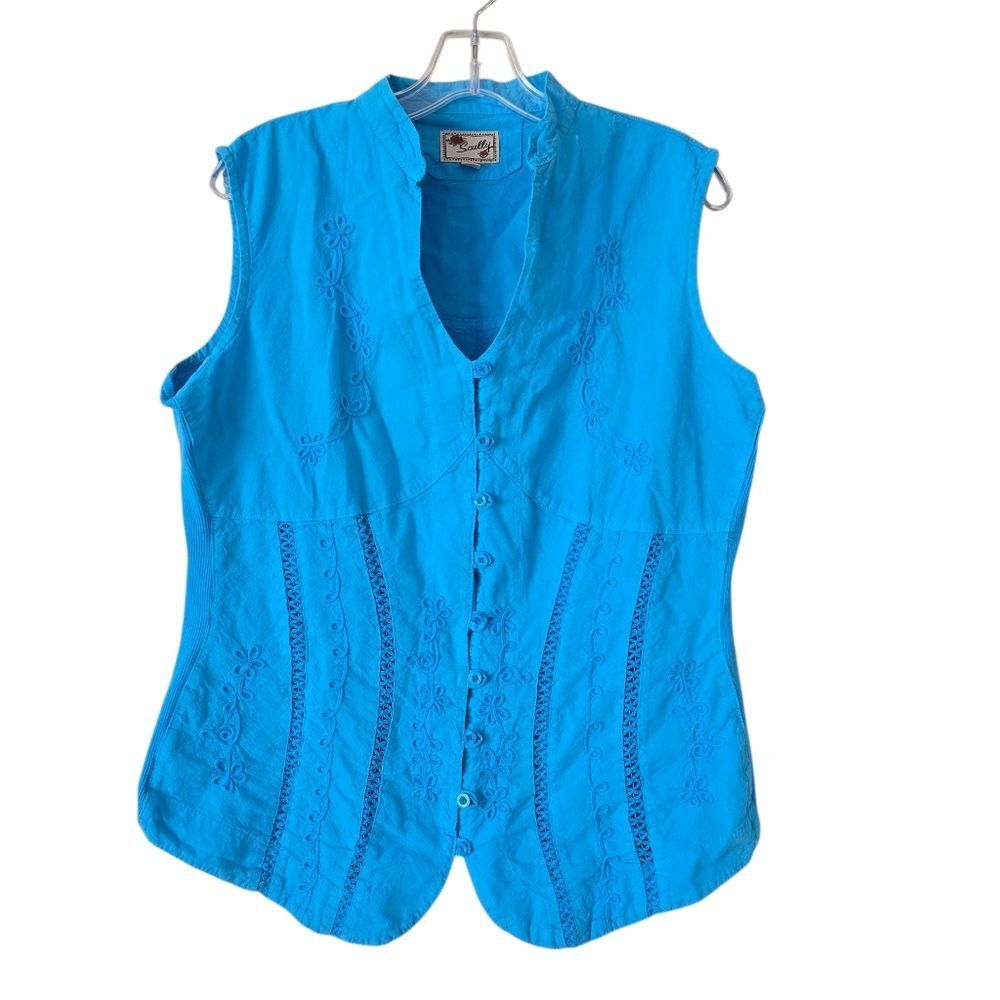 SCULLU Womens Sleeveless Embroidered Blue Top Size XL Western Bohemian